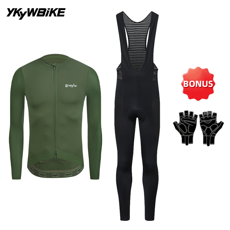 Cycling Gear Jersey - YKYWBIKE Herren-Radtrikot-Set, Frühlings-Fahrradbekleidung, Langarm-Latzhose, Rennradanzug, Latzhose
